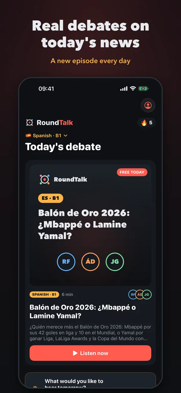 RoundTalk app: today's debate at your level