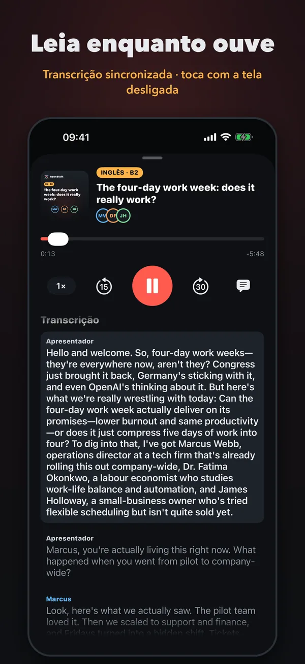 Transcrição sincronizada enquanto você ouve